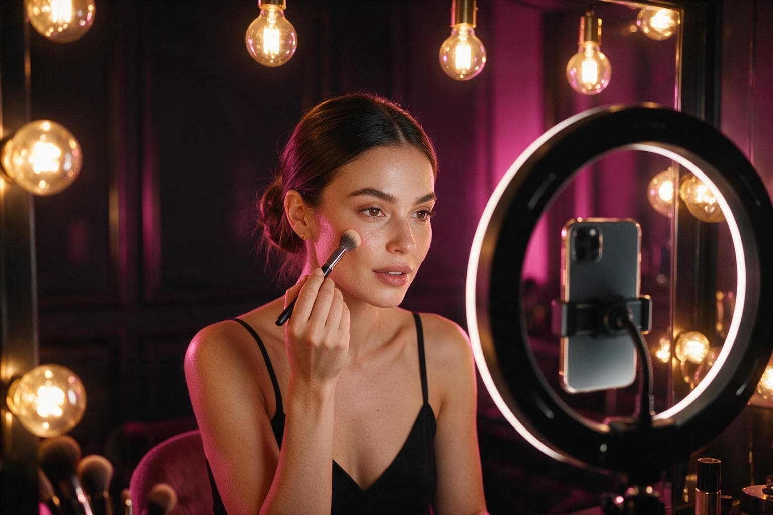 Creator filming a make-up tutorial in a ring light.