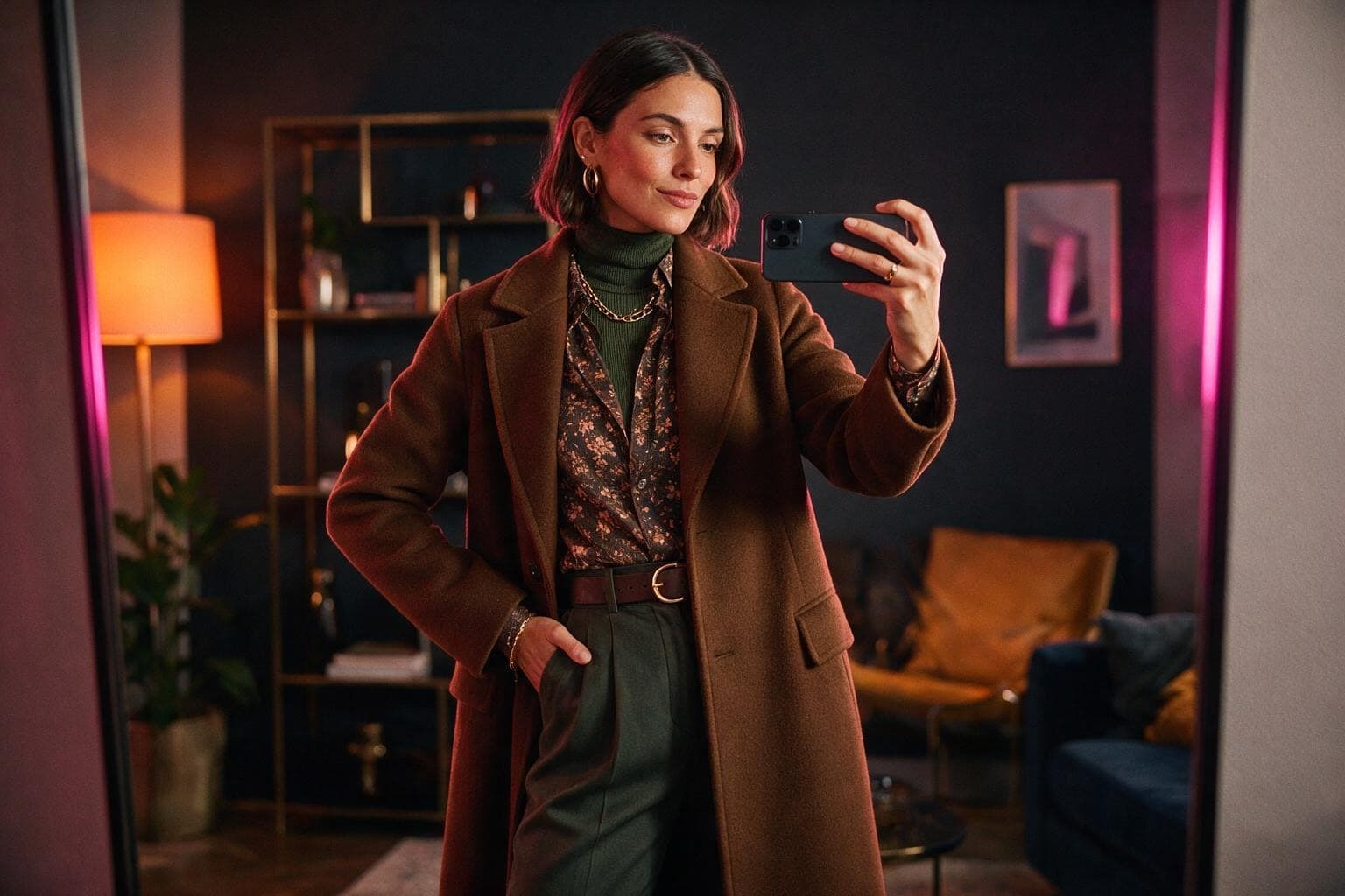 Eine Creatorin fotografiert ihr Outfit im Spiegel einer dunklen Wohnung.
