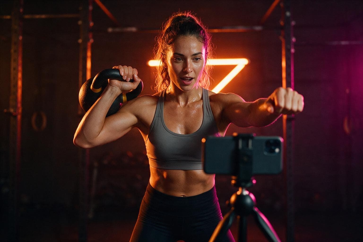 Fitness creator filming her workout with a phone on a tripod.