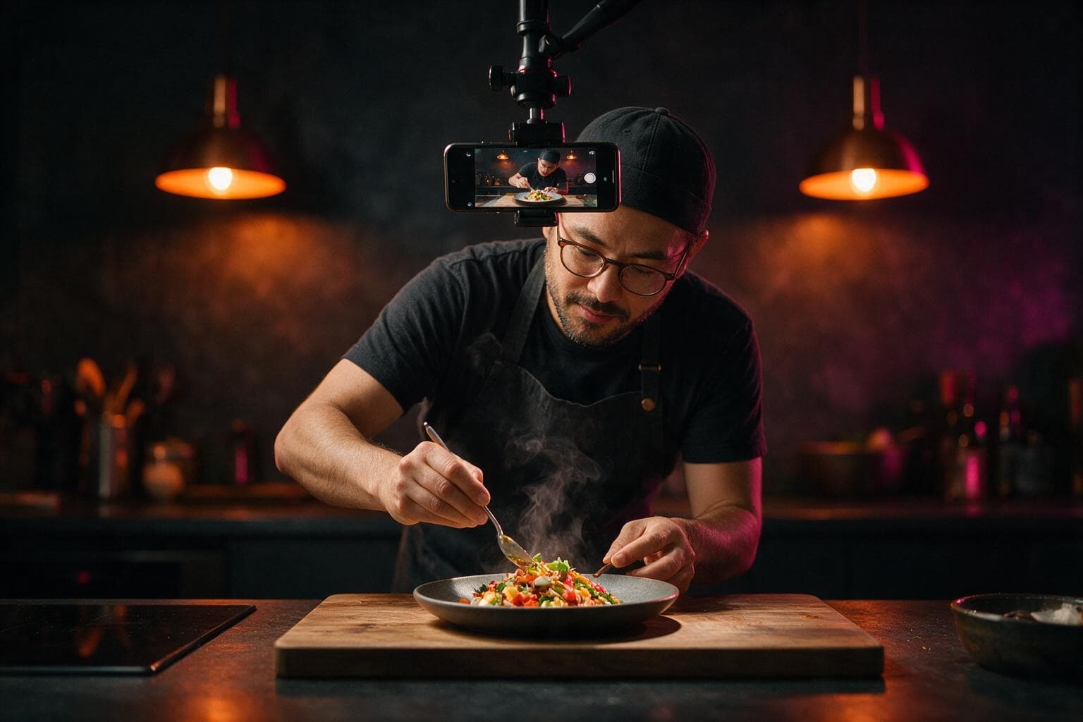 Food creator plating a dish while a phone films from above.