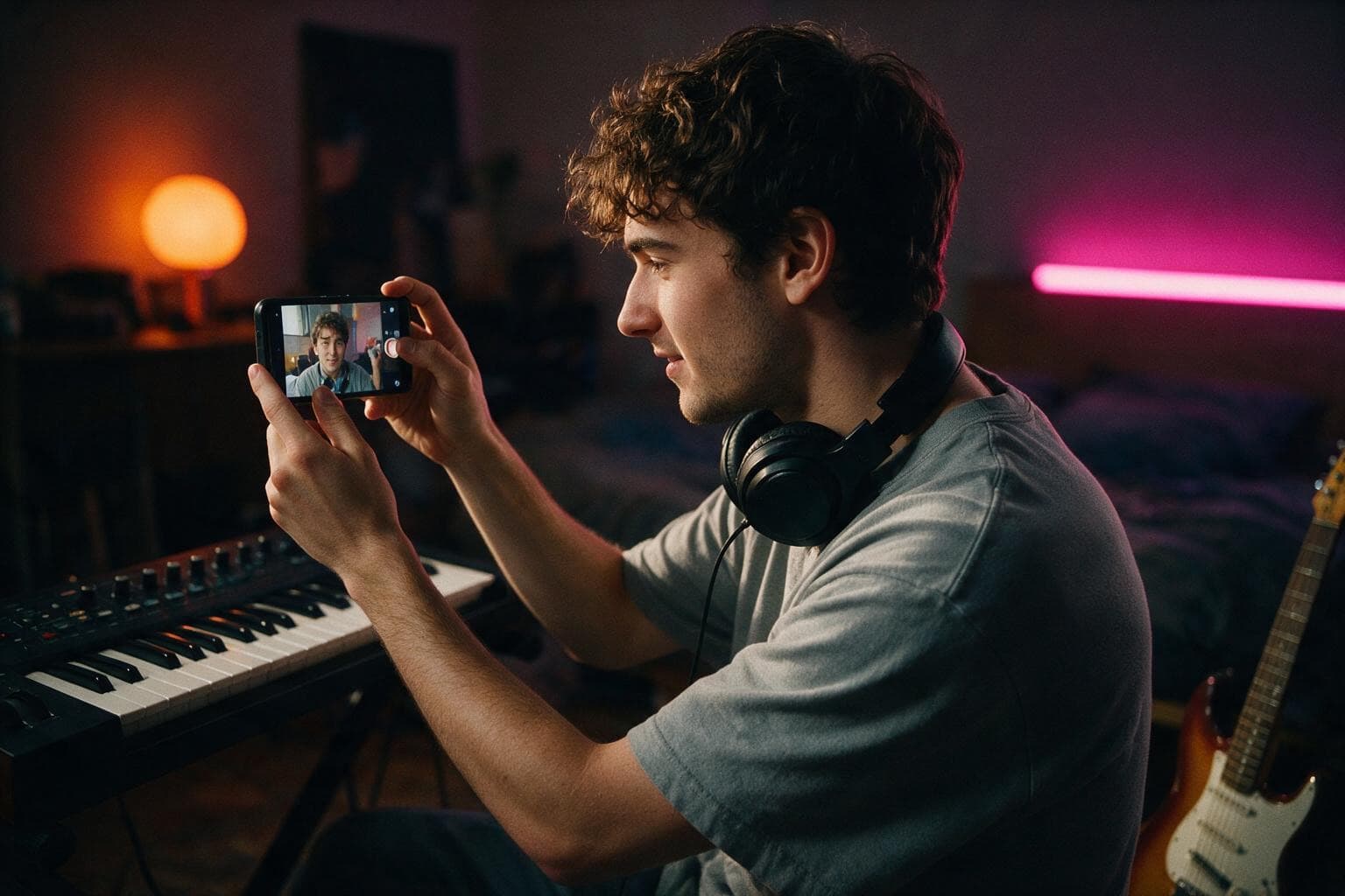 Music creator filming himself in his home studio.
