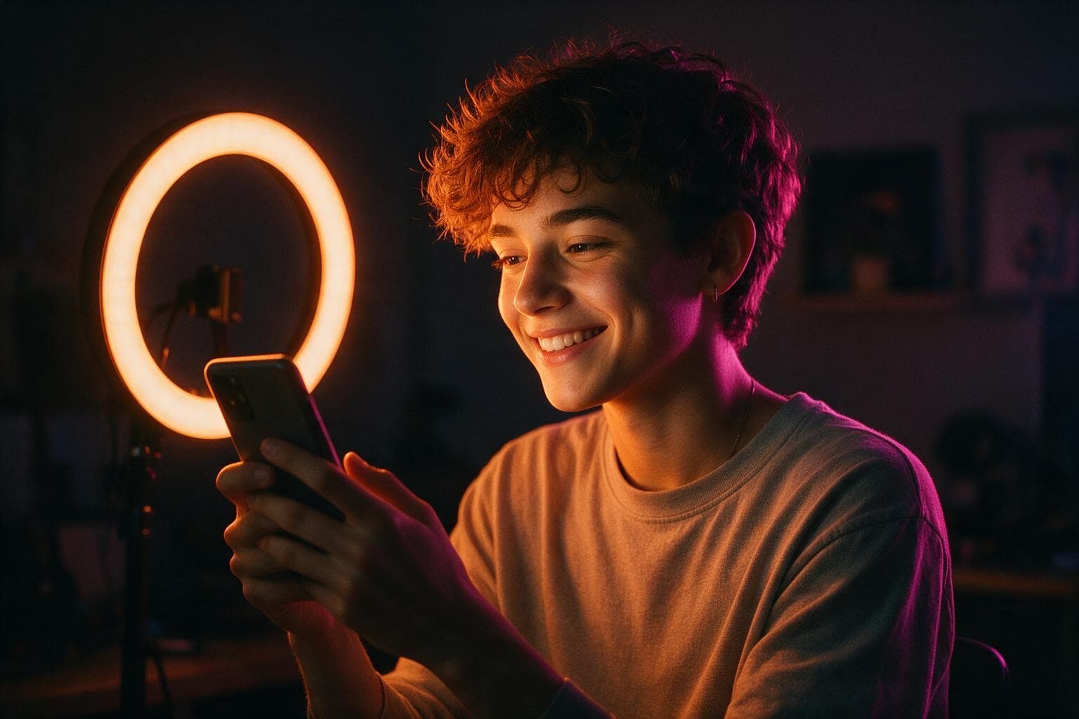 Creator in a ring light smiling at his phone.