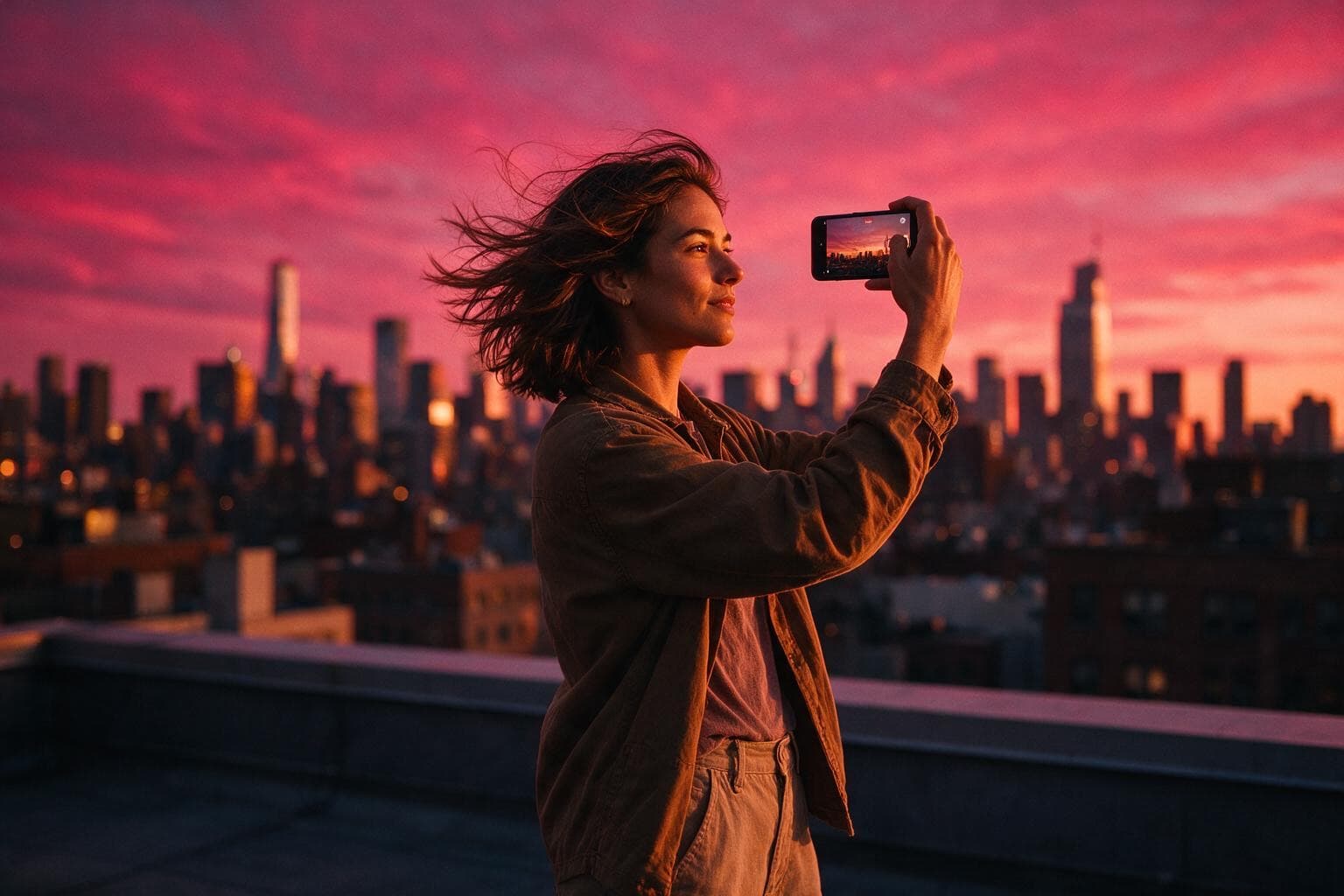 Creatorin filmt bei Sonnenuntergang die Skyline von einem Dach.