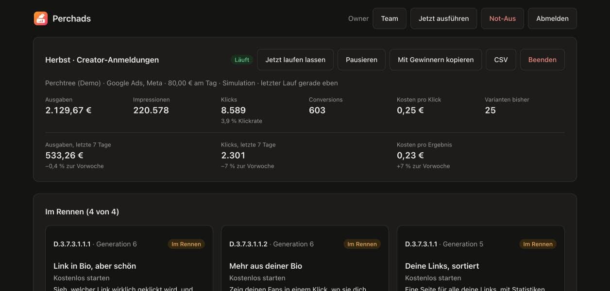 Campaign page in the Perchads dashboard with spend, impressions, clicks, conversions and the running variants.