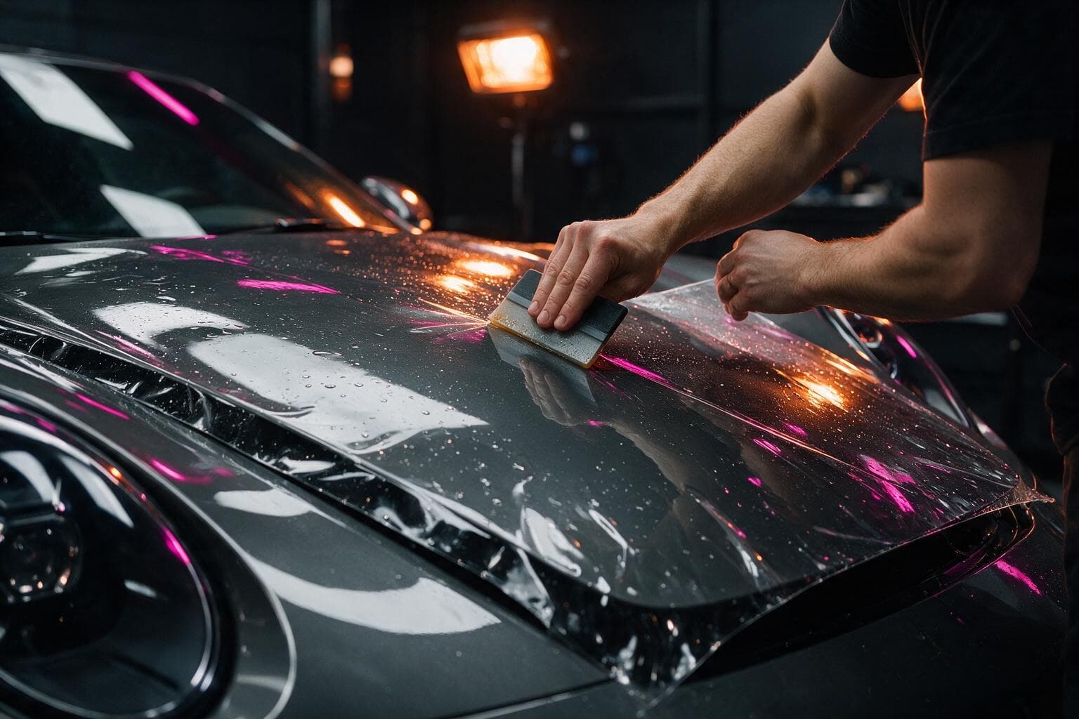 A technician lays paint protection film over the hood of a dark sports car.
